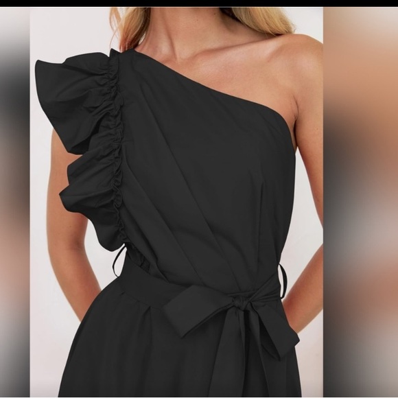 ZESICA Black One Shoulder Ruffle 2024 Empire Waist Boho Flowy Maxi Dress S NWT - Picture 3 of 11